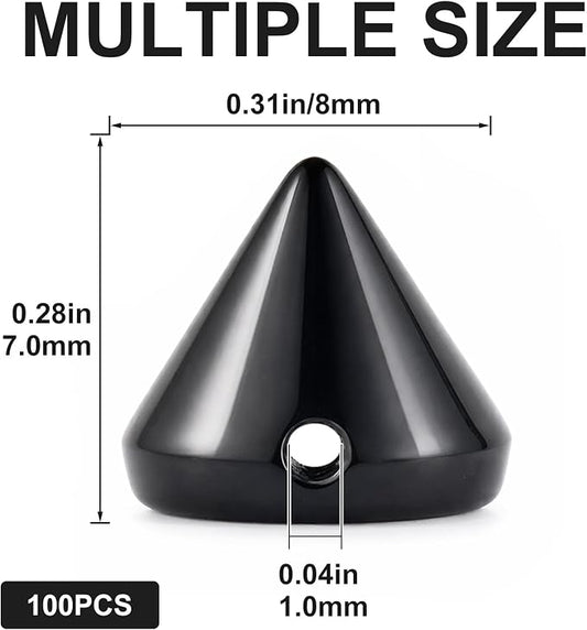 OIIKI 100 PCS 8mm ABS Bullet Spike Cone Studs, Glossy Black | Rivets Cone Spike Studs Beads, Flat Back Punk Spikes DIY Crafts Studs Glue on Decoration for Clothing Leather Belt Bag Trims