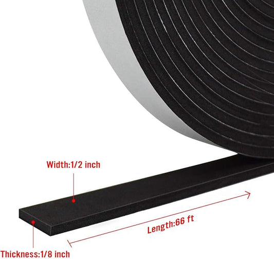 Seal Foam Tape,1/8" Thick-1/2-33ft 2Rolls, Weather Stripping for Door and Window,High Density Single Sided Closed Cell Door Insulation Weather Strip, Black