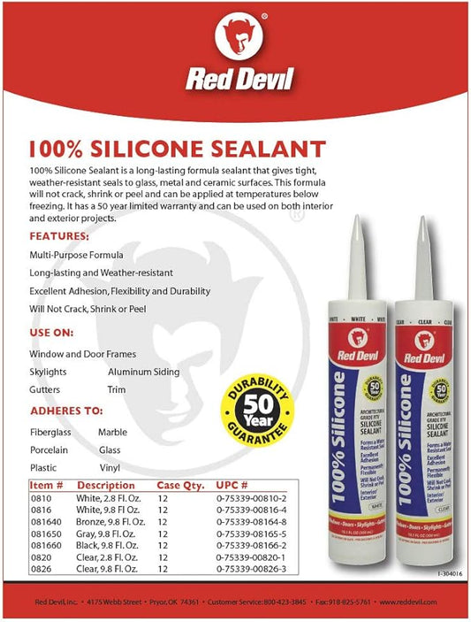 Red Devil 081660 100% Silicone Architectural Grade RTV Sealant, A Water-Resistant Adhesive for Interior and Exterior Use, 10.1 oz. Tube, Black, 1-Pack