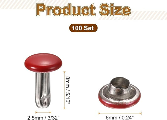 HARFINGTON 100 Sets Double Cap Leather Rivets, 6x8mm Round Cap Tubular Metal Studs Leather Crafting Rivets for Fabric Belt Pet Collar Boot Bag Repair and Decoration, Red