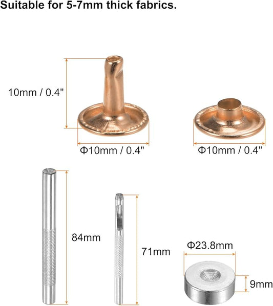 HARFINGTON 100 Sets Leather Rivets 10 x 10mm Metal Double Cap Rivet Snaps Studs Fasteners with 3pcs Setting Tools for Leather Craft DIY Repair Decoration, Light Gold Tone