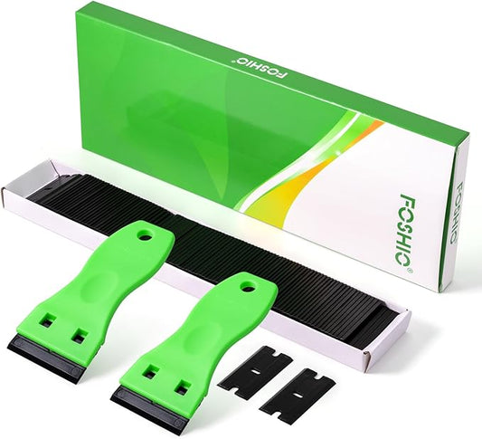 FOSHIO 2PCS Plastic Razor Blade Scraper Tool and 100PCS Plastic Blades for Gasket Remover, Sticker Remover, Labels Decal and Adhesive Remover for Windows and Glass (Lime Green)