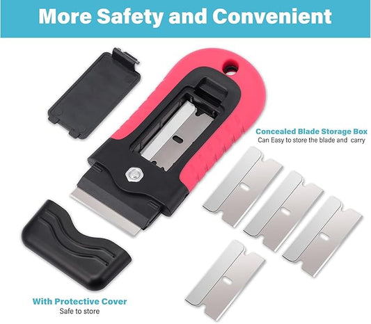 Gomake Razor Blade Scraper Tool with Blade Storage Container, Glass Cooktop Stove Scraper with 10PCS Stainless Steel Blades for Glass Clean,Paint,Old Label,Decal Sticker,Adhesive Remover-Pink