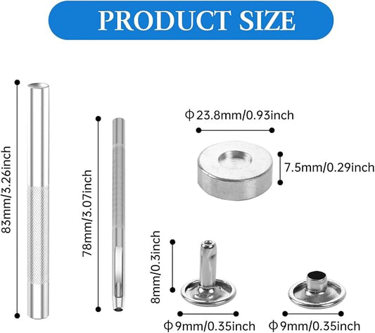 100 Sets Leather Rivets 9x8mm Double Cap Rivets Snaps Metal Studs Fasteners with 3pcs Setting Tools for Leather Craft DIY Repair Decoration, Silver Tone