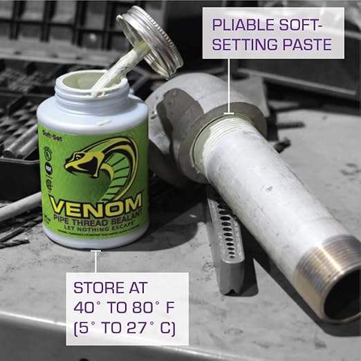 Venom Pro-Grade Pipe Thread Sealant, Soft-Set, High Viscosity, Low Odor, for All Piping Types, 8 fl. oz. Bottle with Brush Cap, Ideal for Gas, Water, Oil, Extreme Temps, 10,000 PSI Liquids