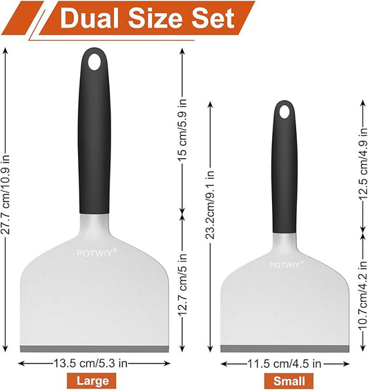 Stainless Steel Griddle Scraper, 5.3" & 4.5" Wide, Heavy Duty Metal Scraper, Sharp Blade and Full Tang Silicone Handle, Great BBQ Cleaning Kit for Flat Top Grill & Griddle Accessories (2 Pack)