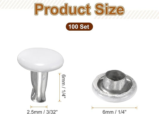 HARFINGTON 100 Sets Double Cap Leather Rivets, 6x6mm Round Cap Tubular Metal Studs Leather Crafting Rivets for Fabric Belt Pet Collar Boot Bag Repair and Decoration, White