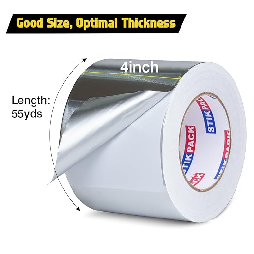 Aluminum Foil Tape 4 inch x 165ft (55 Yards) Heavy Duty HVAC Duct Tape for Ductwork – High Temperature Silver Foil Tape for Insulation, Metal Repair, Exhaust Sealing & Patching