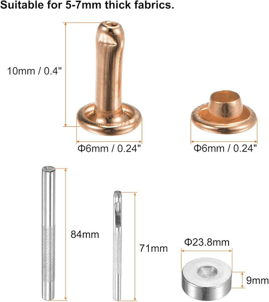 HARFINGTON 100 Sets Leather Rivets 10 x 6mm Metal Double Cap Rivet Snaps Studs Fasteners with 3pcs Setting Tools Rivets for Leather Craft DIY Repair Decoration, Light Gold Tone