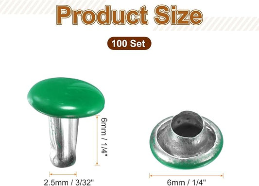 HARFINGTON 100 Sets Double Cap Leather Rivets, 6x6mm Round Cap Tubular Metal Studs Leather Crafting Rivets for Fabric Belt Pet Collar Boot Bag Repair and Decoration, Green