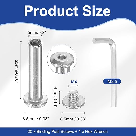 PATIKIL M4x4mm Hex Chicago Screws 5x25mm, 20Pcs 304 Stainless Steel Metric Hex Drive Socket Cap Binding Post Screw Posts for Scrapbook Leather Belt Album Furniture Repair, Silver