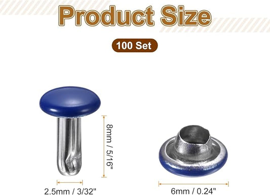 HARFINGTON 100 Sets Double Cap Leather Rivets, 6x8mm Round Cap Tubular Metal Studs Leather Crafting Rivets for Fabric Belt Pet Collar Boot Bag Repair and Decoration, Dark Blue
