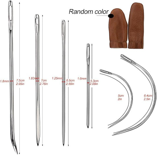 16 Pcs Heavy Duty Sewing Kit - Curved, Sack, Hand Needles, Finger Cots for Leather, Upholstery, Carpet & Canvas Repair