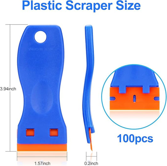 4 Pcs Plastic Razor Blade Scraper and 100 Pcs Blades, Remove Label Decal Tool, Forwithout Scratches Plastic Razor Blade Scraper, Adhesive Remover for Stickers, Gaskets and Paints on Window Car Glass