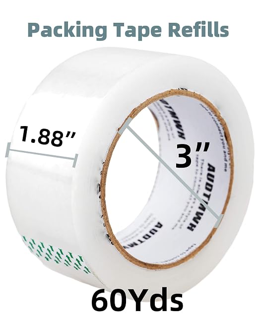 AUDTMWH Packing Tape Refills, Clear, Packaging Tape Heavy Duty Designed for Moving, Shipping and Packing, Mailing,1.88" x 60 yds, 2 Rolls