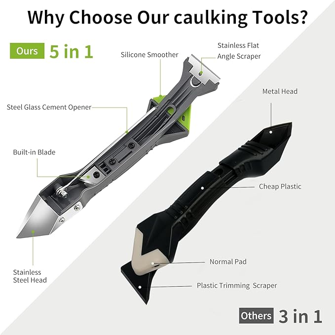 Caulking Tools, 5 in 1 Silicone Caulking Tool Kit, Sealant Finishing Tool, Sealant Finishing Tool & Grout Removal Tool with Adhesive Residue Scraper for Kitchen Bathroom Window, Sink Joint