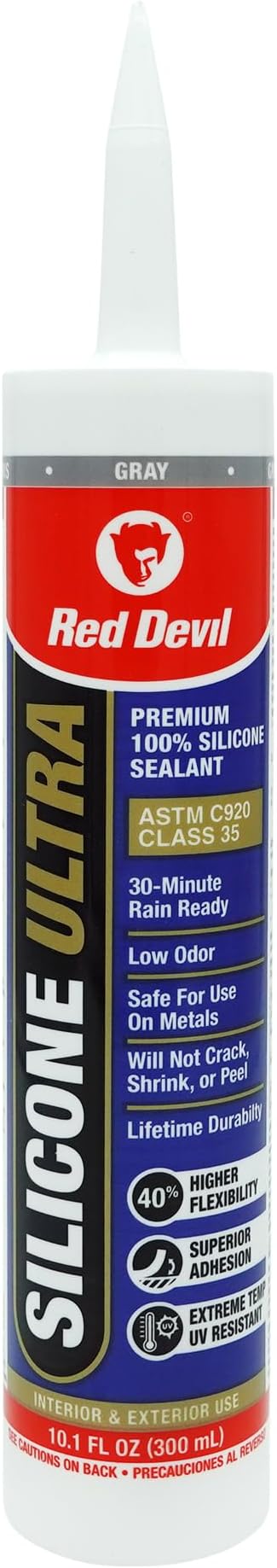 Red Devil 078050 Silicone Ultra 100% RTV Silicone Sealant, 10.1 oz., Gray, 12 Pack