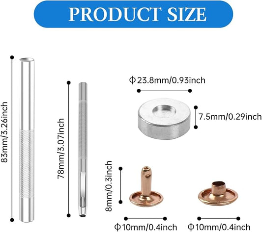 100 Sets Leather Rivets 10x8mm Double Cap Rivets Snaps Metal Studs Fasteners with 3pcs Setting Tools for Leather Craft DIY Repair Decoration, Light Gold Tone