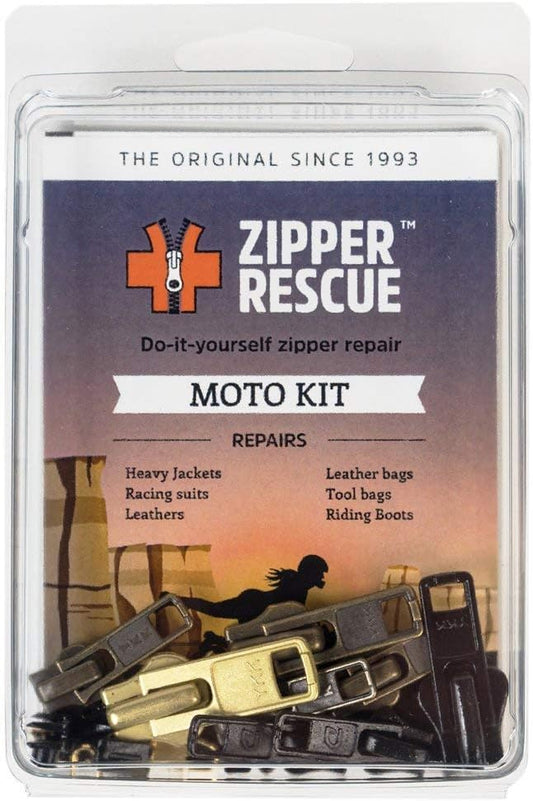 Zipper Rescue Moto Zipper Repair Kit - The Original Zipper Pull Replacement kit for Heavy Jackets, Boots, Leather Bags - 8 Metal Sliders, 8 End Stops, 6 Top Stops - Made in America Since 1993