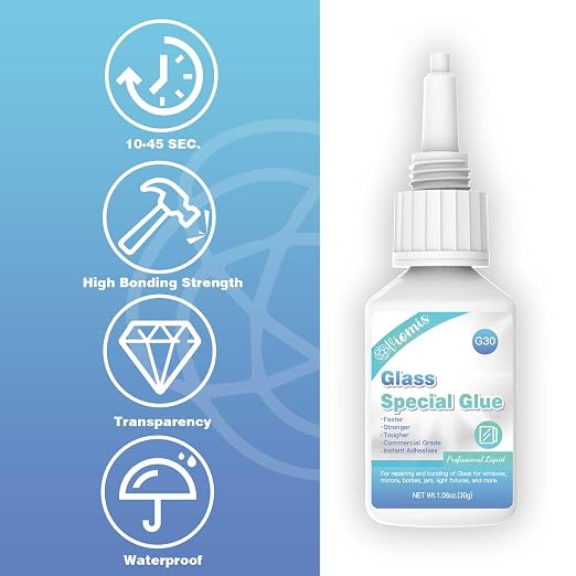 Glass Glue, 30g, Instant Strong Bond for Glass, Acrylic, Waterproof, Dries Clear, Quick Curing, Ideal for Craft, Jewelry, Rhinestone, Crystal, Mirror, Glasses