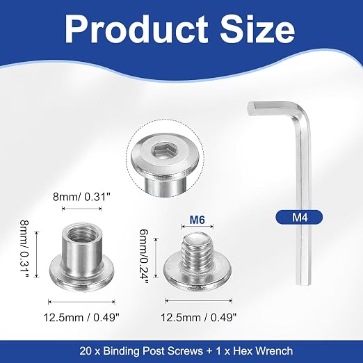 PATIKIL M6x6mm Hex Chicago Screws 8x8mm, 20Pcs 304 Stainless Steel Metric Hex Drive Socket Cap Binding Post Screw Posts for Scrapbook Leather Belt Album Furniture Repair, Silver