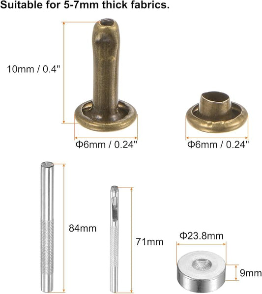 HARFINGTON 100 Sets Leather Rivets 10 x 6mm Metal Double Cap Rivet Snaps Studs Fasteners with 3pcs Setting Tools Rivets for Leather Craft DIY Repair Decoration, Bronze