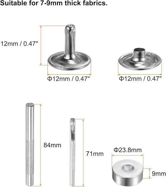 HARFINGTON 100 Sets Leather Rivets 12 x 12mm Metal Double Cap Rivet Snaps Studs Fasteners with 3pcs Setting Tools Rivets for Leather Craft DIY Repair Decoration, Silver Tone