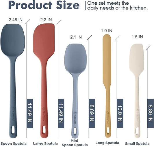 ChefAide 5 Pieces Silicone Spatula Set, Food Grade Rubber Spatula, Upgrade Strong Handle with Ergonomic Grip, Heat Resistant Up to 600°F for Nonstick Cookware, Cooking