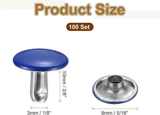 HARFINGTON 100 Sets Double Cap Leather Rivets, 10x10mm Round Cap Tubular Metal Studs Leather Crafting Rivets for Fabric Belt Pet Collar Boot Bag Repair and Decoration, Dark Blue