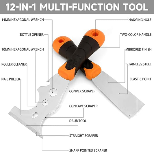 WEGAZ-2 Pack, 12-In-1 Paint Scraper Tool,Multi-Use Painters Tool, 1.5 Inch Stainless Steel Putty Knife Scraper,Paint Scraper for Painting & Wood,Razor Blade Scraper