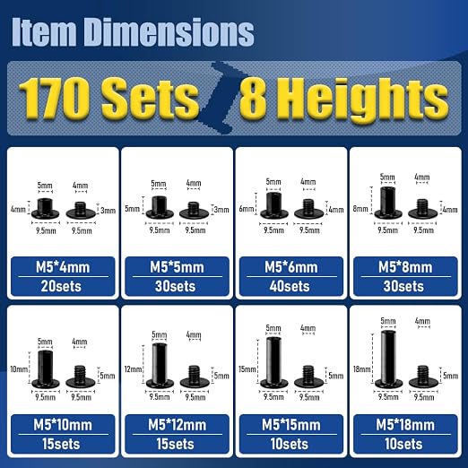 170 Sets Matte Black Chicago Screws for Leather Rivets Kit, 8 Sizes M5x4-18mm Rivets for Leather for Belts, Bookbinding,Deep Black Chicago Screw Assortment