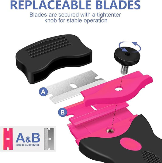 DEKEones Razor Blade Scraper, 2 Pack Double Edged Razor blade Scraper Tool with 30 Pcs Razor Blades, Glass Scraper for Windows, Decals, Tint, Stickers, Labels, Caulk, Adhesive(Pink)