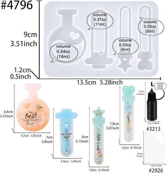 Resin Shaker Molds Set Magic Potions Keychain Charm Pack of 7 Silicone Trays Seal Films Precision Tip Applicator Bottle Kits Bundle
