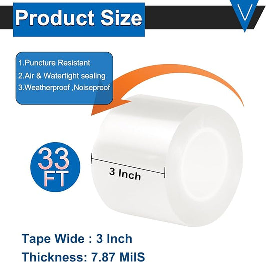 Window Weather Sealing Tape 3 Inch x 33 FT x 0.3 Mils Weather Stripping Residue-Free Clear Window Insulation Tape for Doors Windows and Shower Glass Gaps