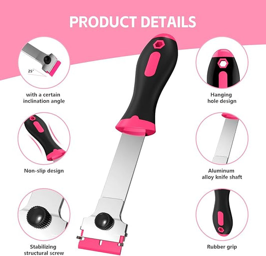 Ywmoml 3 Pack Razor Blade Scraper Set, Includes 30 Plastic & 30 Metal Blades, Multi-Purpose Tool for Glass, Cooktop, Sticker Removal, Paint & Gum Cleaning (Pink)