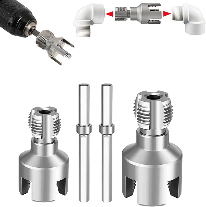 PVC Pipe Threader Kit, 3 Piece Set, 1/2", 3/4", 1" NPT, Internal and External Threading, Compatible with Electric Drill for PVC, PPR, MPP Pipes (1/2in+3/4in)