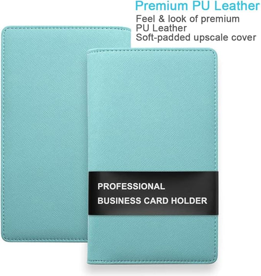 Sooez Leather Professional Business Card Book Holder Organizer, 240 Capacity Credit Card Booklet, PU Name Cards Holder Storage File for Men Women, 7.7"x 4.5" x 0.7", Mint Green