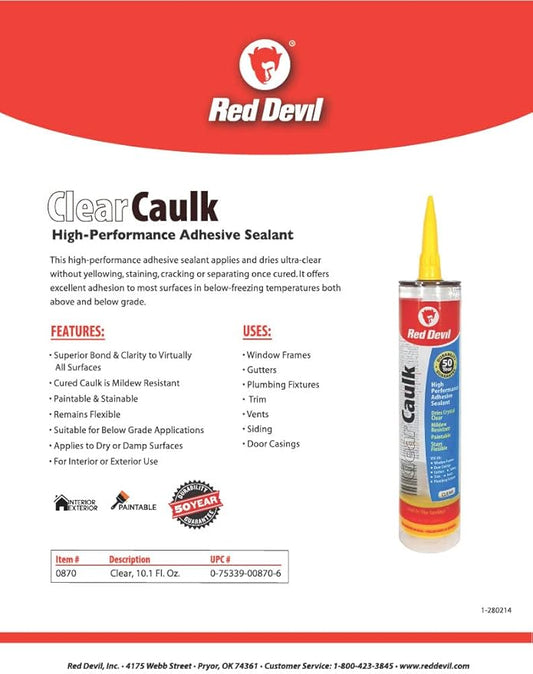 Red Devil 0870 Clear Caulk High Performance Adhesive Sealant, 10.1 Oz., Clear, 1 Pack