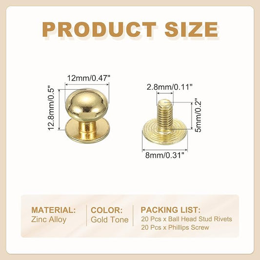 PATIKIL 12 mm Leather Rivets, 20 Sets Ball Head Stud Screw Back Round Head Button Chicago Screw Nipple Stud Rivet for Leather DIY Craft Handbag Belt Repairs, Gold Tone