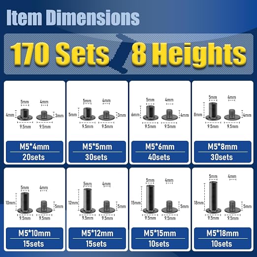 170 Sets Gunmetal Black Chicago Screws Leather Rivets Kit, 8 Sizes (M5*4,5,6,8,10,12,15,18) & 3 Screw Lengths (M4*3,4,5) for Belts, Bookbinding, DIY Leather (Gunmetal Black)