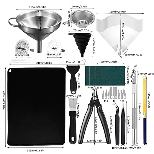 Resin 3D Printer Tool Kit, Stainless Steel Funnel with Strainers, Silicone Mat, Resin Filters & Basic Accessories for SLA/DLP/LCD 3D Printing Post-Processing
