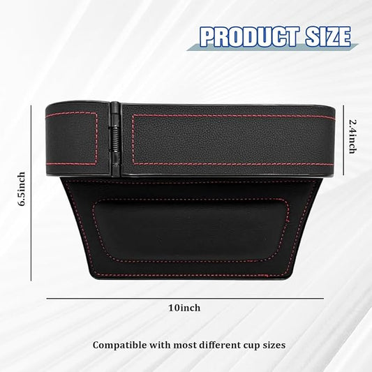Car Seat Gap Filler Organizer with Cup Holder Expander, Leather Console Seam Filler Storage Box, Auto Front Seat Gap Organizer for Phones Keys Glasses, Universal Fit (Black/Red Driver)