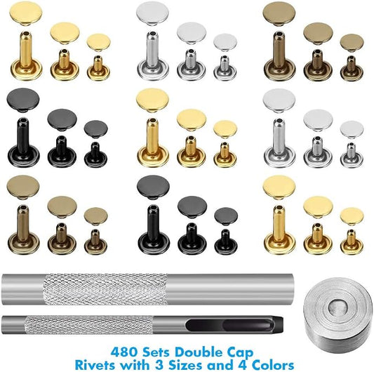 Paxcoo 480 Sets 3 Sizes Leather Rivets Double Cap Rivet Tubular Metal Studs with 3 Pieces Setting Tool Kit for Leather Craft Repairs Decoration, 4 Colors