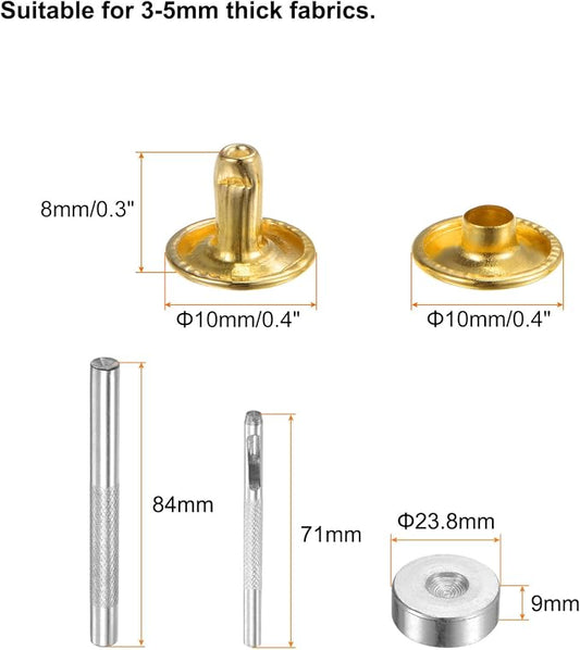 HARFINGTON 100 Sets Leather Rivets 8 x 10mm Metal Double Cap Rivet Snaps Studs Fasteners with 3pcs Setting Tools for Leather Craft DIY Repair Decoration, Gold Tone