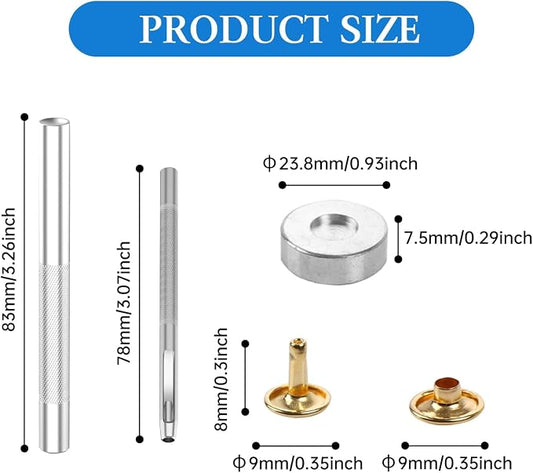 100 Sets Leather Rivets 9x8mm Double Cap Rivets Snaps Metal Studs Fasteners with 3pcs Setting Tools for Leather Craft DIY Repair Decoration, Gold Tone