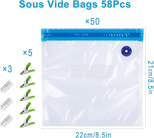 MEGAWISE Reusable Sous Vide Bags 58Pcs BPA-Free, 1.4L Vacuum Sealer Bags for Cooking & Microwave, 50 Zipper Bags, 3 Seal Clips & 5 Cooking Clips, Heat-Resistant & Leakproof (8.5x8.5in)