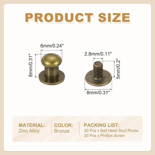 PATIKIL 6 mm Leather Rivets, 20 Sets Ball Head Stud Screw Back Round Head Button Chicago Screw Nipple Stud Rivet for Leather DIY Craft Handbag Belt Repairs, Bronze