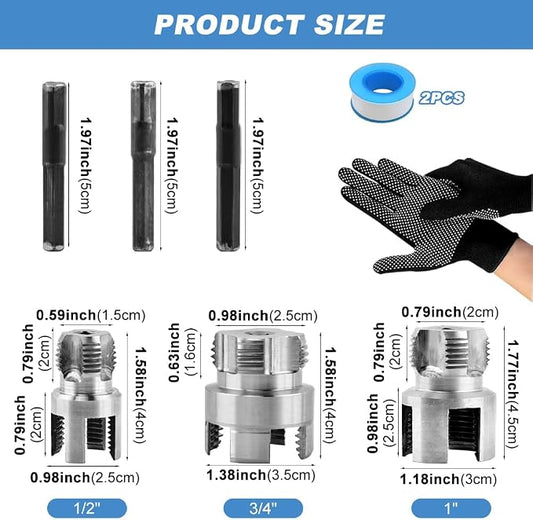 3Pcs Pipe Threading Tool,PVC Pipe Threader Kit,Dual-Function Internal & External Pipes Threading Tool for 1/2",3/4",1" Plastic Pipes,with 2 rolls PTFE Tape & 1 pair Gloves,for Home Repair