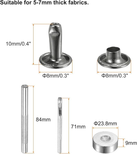 HARFINGTON 100 Sets Leather Rivets 10 x 8mm Metal with 3 Setter Tools Gunmetal