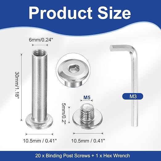 PATIKIL M5x5mm Hex Chicago Screws 6x30mm, 20Pcs 304 Stainless Steel Metric Hex Drive Socket Cap Binding Post Screw Posts for Scrapbook Leather Belt Album Furniture Repair, Silver